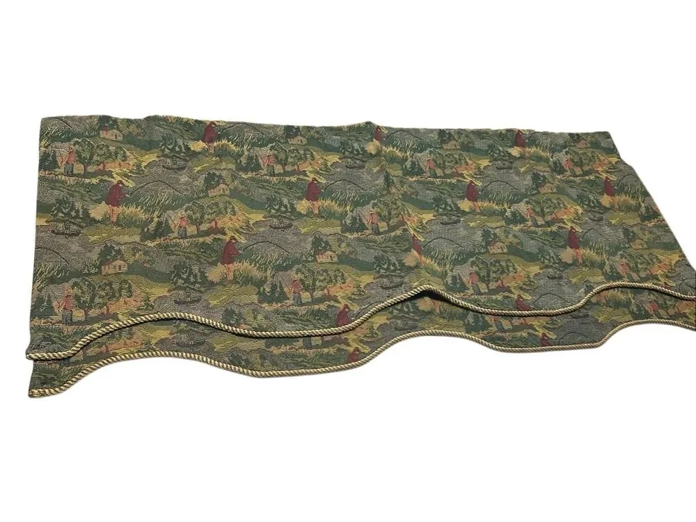 Vintage Tapestry Scalloped Window Valance Fly Fishing Cabin Lodge Rope Trim Pair